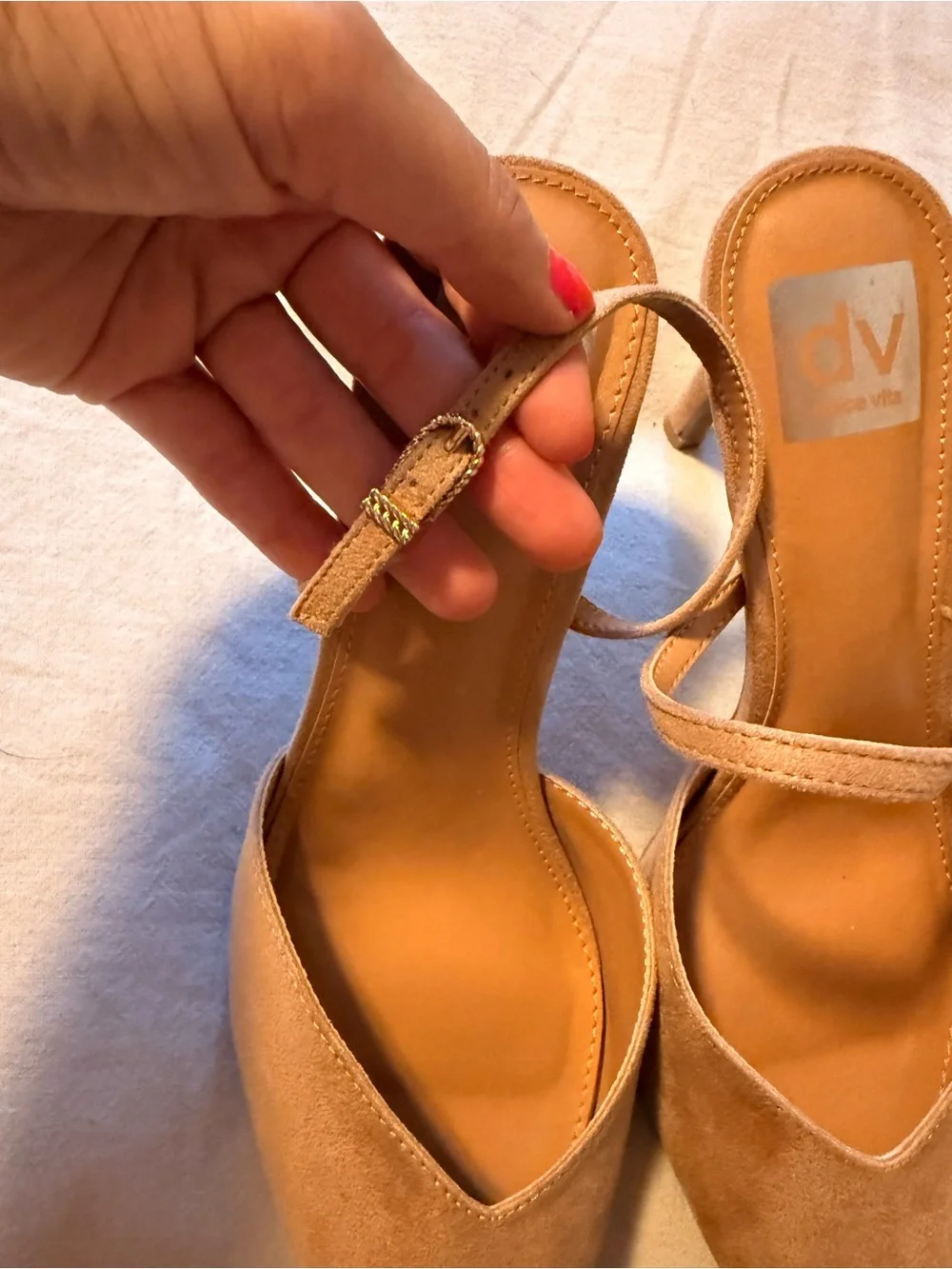 DV by Dolce Vita Tan Suede Pointed Mules with Ankle Strap